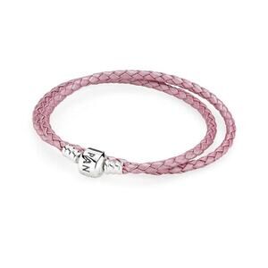 Pandora Double Shimmering Pink Leather Bracelet in Sterling Silver 13,5in